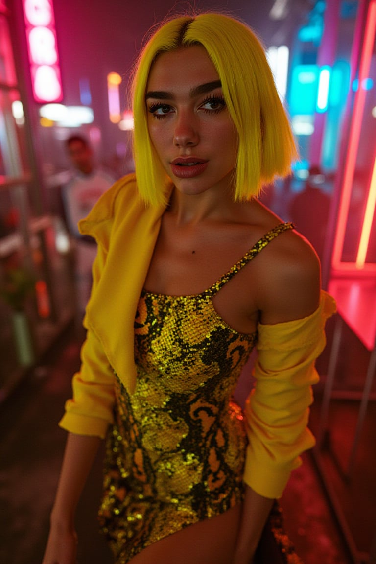 From above POV, Dua lipa (DuaLipaFlux), perfectly dressed for seduction, Masterpiece, cinematic composition, sharp details, 8k, long neon yellow hair short bangs, in a neon yellow and black snake scaled baggy mini dress, Sexy pose, Set in the Cyberpunk 2077 world, neon lights in background, incredible vision of pin-up style beauty, 120mm lens, cinematic style lighting, close up details