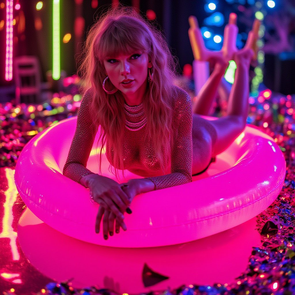 ((masterpiece, best quality)), A vibrant photograph featuring taySwift, TaylorSwiftFlux, Taylor Swift, with messy long hair. She is lying on her stomach on a bright neon pink inflatable ring, positioned centrally in the frame. Her body is slightly tilted towards the camera, creating an engaging pose. She wears a mesh-like outfit resembling fishnet fabric, form-fitting and revealing parts of her skin through its transparent design. creating a striking visual effect, The makeup is bold, with prominent eyeliner, glittery sparkles on her cheeks and lips, and shimmering face glitter that reflects the surrounding lights. Her expression is confident and alluring as she looks directly at the viewer. Glittery makeup highlights her facial features, and her cheeks are adorned with sparkling details. She accessorizes with multiple layered necklaces, including a silver chain with small beads or crystals and a longer one with larger beads or pearls, as well as large hoop earrings. The setting includes various neon accessories such as colorful sticks, cylindrical bottles, cups with straws, and other glowing elements scattered around a reflective surface, adding to the lively atmosphere. The lighting is low-key and artificial, predominantly colored in neon hues, creating an intense contrast between the illuminated subject and the dark background. This lighting casts vibrant colors across her curvy body, highlighting its glossy texture and reflecting off her skin, which appears smooth and shiny. The overall mood of the image is edgy, modern, and glamorous, with high contrast and saturation enhancing the neon aesthetic, slr, Kodak Portra 400, Kodak ColorPlus film, Hasselblad x2d 100c, pin-up