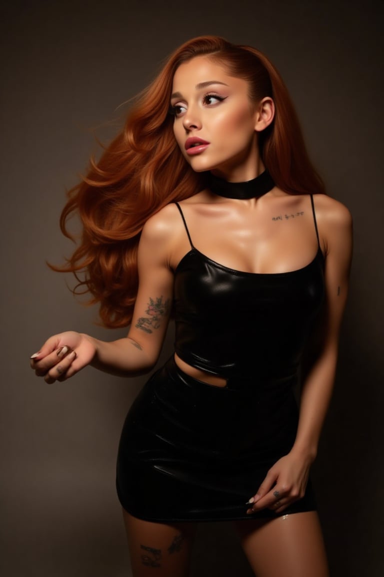 photo of a sassy teacher, Ariana Grande with her fiery locks framing her striking features. She wears a sleek, fitted dress that showcases her curves as she strikes a sultry pose, one hand on her hip, the other holding a pointer. A mischievous glint in her eye suggests she's about to impart some scandalous knowledge to her unsuspecting students.