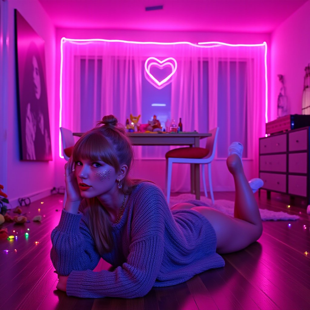 Taylor Swift, TaylorSwiftFlux, taySwift, A vibrant, neon-lit photograph captures a young woman lying on her stomach on a dark wooden floor in a modern bedroom setting. The foreground features the subject, who has long light brown hair tied up in a high bun and is adorned with sparkling glitter makeup on her face, neck, and upper body. She wears a loose-fitting gray ribbed knit sweater that drapes over her body, revealing her glowing skin underneath. Her right cheek rests on her hand while her left arm supports her head, creating a relaxed pose. Glitter drips down her buttocks, enhancing the ethereal quality of the scene. In the midground, there's a rectangular wooden dining table surrounded by white chairs with pinkish-purple cushions, cluttered with various items including bottles, food, and stuffed animals. A neon heart sign emits pink light, adding to the vibrant ambiance. The background showcases sheer white curtains partially covering a window, with a door visible on the right side. Neon lights outline the ceiling and walls, casting a soft pink glow throughout the room. On the left wall, a large canvas or poster featuring a monochrome portrait can be seen. Various other objects, such as neon sticks, glowing items, and colorful sparkles scattered on the floor, contribute to the overall futuristic and artistic mood. The composition centers around the subject, creating a balanced visual effect amidst the neon-lit environment, evoking a sense of nighttime relaxation and contemporary vibrancy.