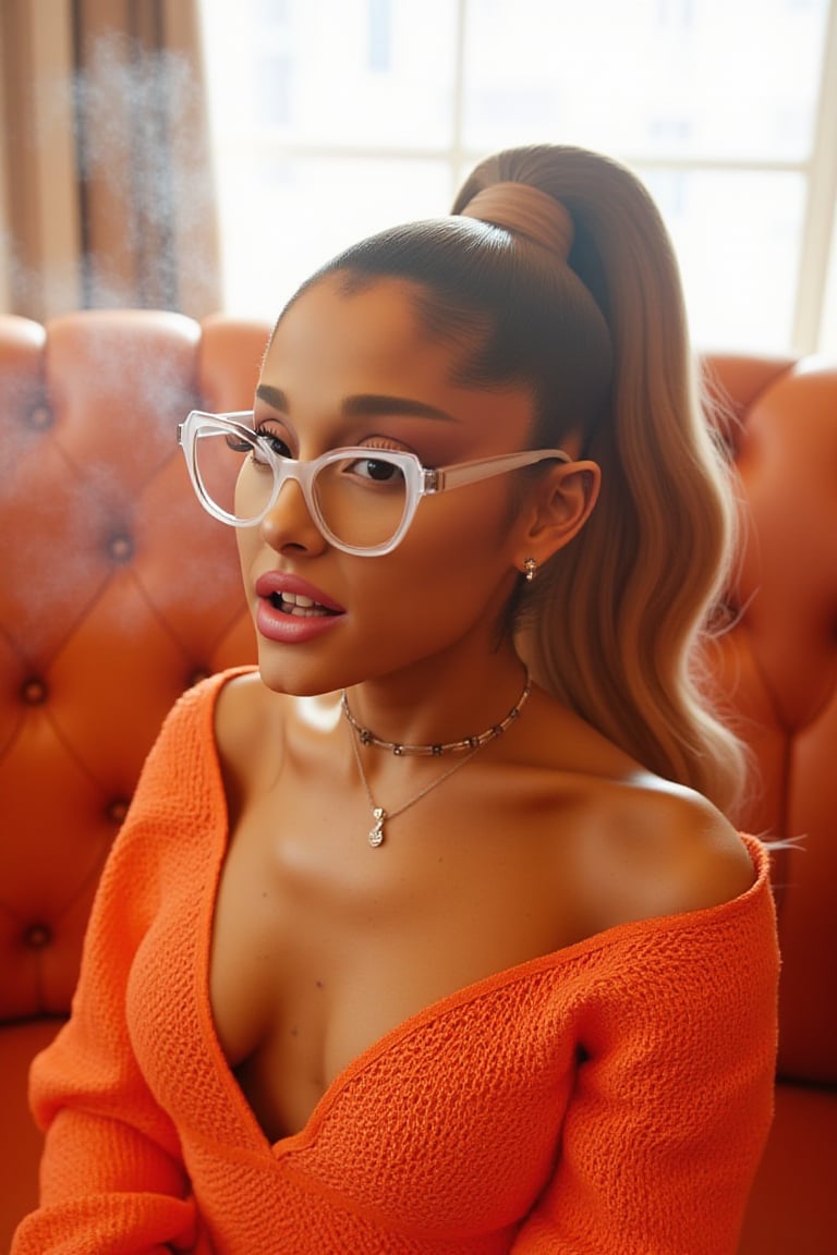 A close-up photograph of Ariana Grande, (arianagrande), taken from a front angle slightly to the left. She has her light brown hair styled in a high ponytail with dramatic waves, tied at the back. She wears oversized, wire-framed glasses with thin white frames and clear lenses that reflect light. Her makeup is bold and glamorous, featuring strikingly thick eyelashes, vibrant pink lipstick, and defined eyebrows. Her expression is dynamic and intense, with her mouth slightly open as if speaking or singing, revealing her tongue. She's dressed in a bright orange mesh top with an open neckline, featuring an intricate large diamond-shaped pattern that exposes her collarbones and shoulders. A delicate silver necklace adorns her neck. The background shows a tufted orange leather couch with deep buttoning, creating a textured appearance. Behind the subject, there's a large window allowing soft, diffused light to filter through, creating a halo effect around her head and casting gentle shadows on her skin. The scene is enveloped in a haze or smoke, adding depth and atmosphere. The overall mood is edgy and modern, enhanced by the warm color palette and low-key lighting.