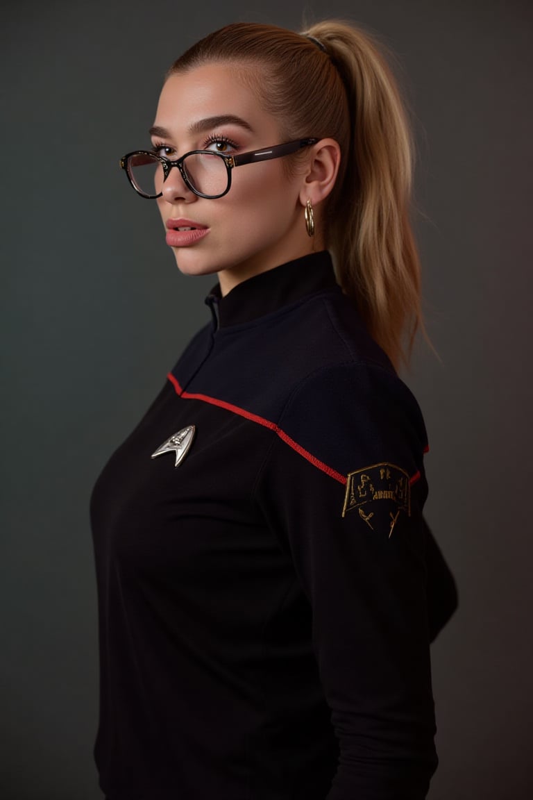 HDR of Dua lipa (DuaLipaFlux), long blonde ponytail hair, posing confidently, dressed in a Star Trek the Next Generation mini skirted uniform and wearing black framed glasses. The portrait should showcase her in a confident and powerful pose, with her shoulders relaxed and her facial expression amused. The lighting should be bright and dynamic, with high-quality textures and details to create a realistic and polished image. Use high-quality textures and details to create a realistic and polished photograph of dua Lipa in a Star Trek the Next Generation setting., Female Bodybuilding style, ((((sharp face, eyes, lips)))), (high contrast), well-lit ((soft lighting on her upper body)