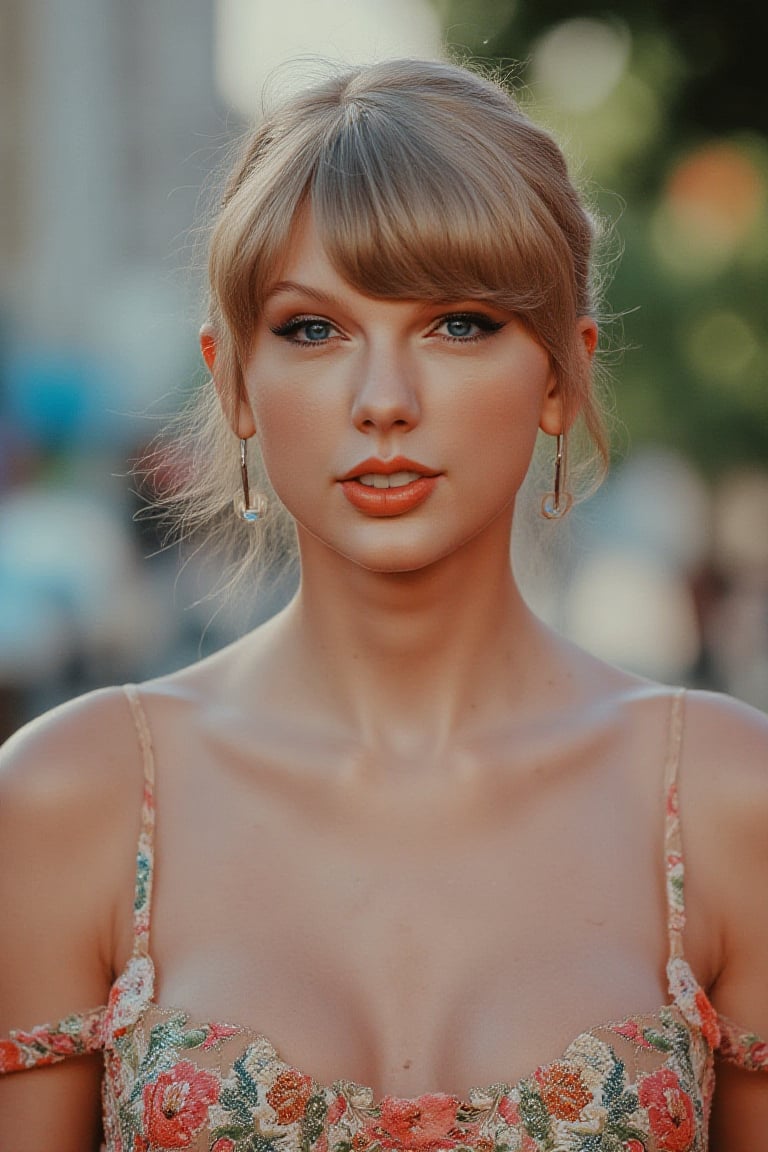 Taylor Swift, looks exactly like taySwift, TaylorSwiftFlux, long bleached hair, blue eyes, 1girl, 1.78m height, (score_9, score_8_up, score_8_up, 8k, dslr photo, photorealistic, solo, masterpiece, best quality, perfect face, on a summers day, , (wearing a small summers floral dress, beautiful toned muscular legs), hints of her figure shines through the dress, (athletic body), (look at the camera with playful manner), long hair, dark hair, blue eyes, simple background, 1girl, white converse trainers, soft focus, photo by Fujifilm X-T3, 8k