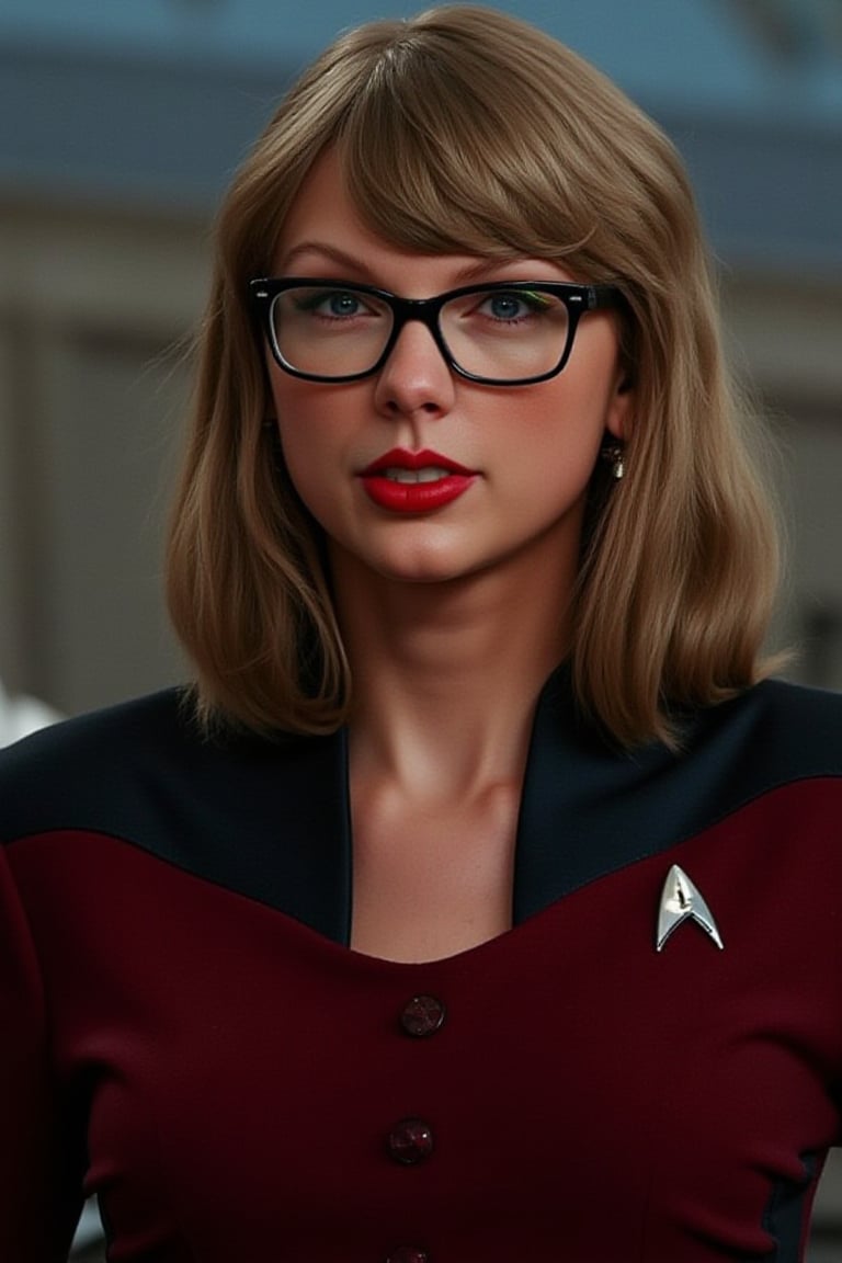 POV from straight on, looks exactly like Taylor Swift, looks exactly like taySwift, TaylorSwiftFlux, Create a portrait photograph of Taylor Swift dressed in a Star Trek the Next Generation uniform and wearing black framed glasses. The portrait should showcase her in a confident and powerful pose, with her shoulders relaxed and her facial expression strong and determined. Her hair is long and wavy with a fringe. The lighting should be bright and dynamic, with high-quality textures and details to create a realistic and polished image. Use high-quality textures and details to create a realistic and polished portrait photograph of Taylor Swift in her Star Trek the Next Generation setting.