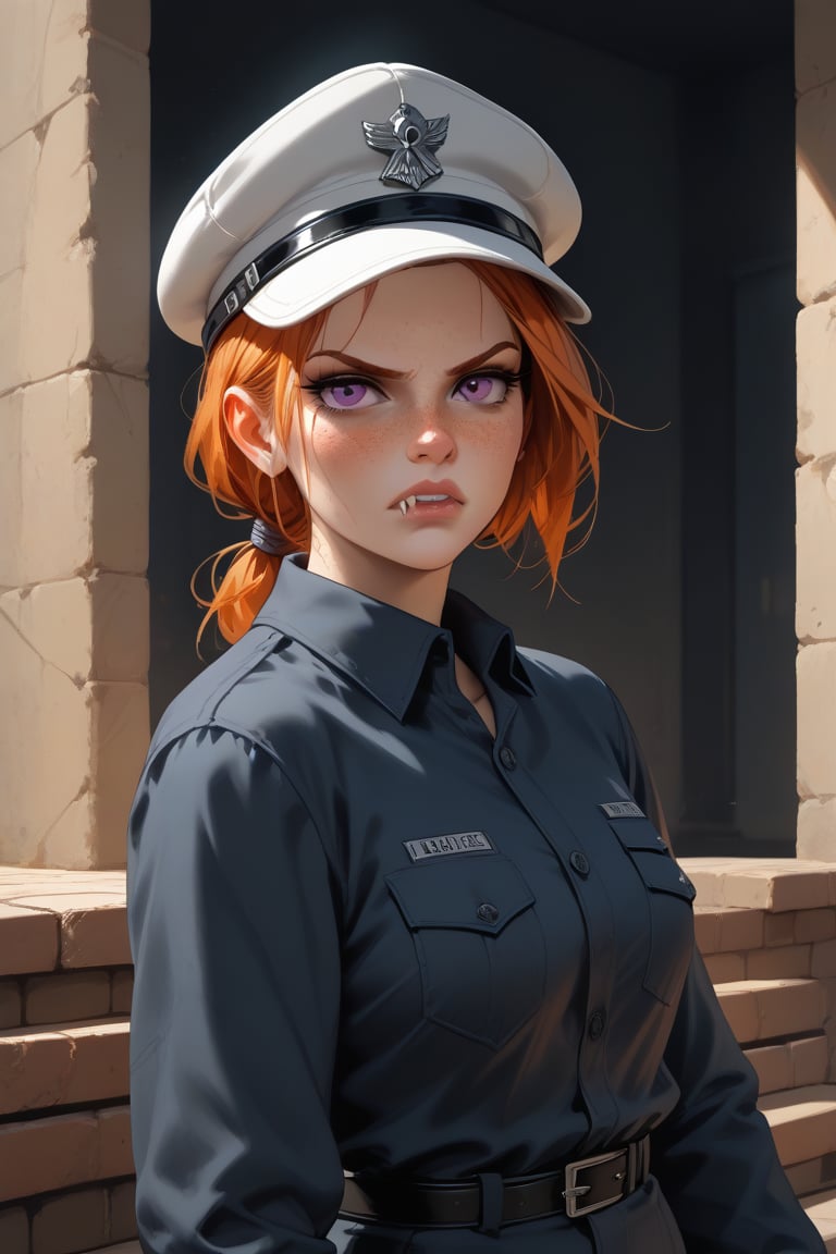 Style(score_9, score_8_up, best quality, ultra-detailed, vibrant colors, concept art, mythp0rt, hyper-realistic colorful sketch);

Subject(1girl, 22yo, annoyed, ginger, (hair tied back:1.1), (freckles all over: 1.2), (freckles:1.2), (pale skin:1.2), purple eyes, fangs teeth, angry, frown, wide brimmed hat, long sleeves, low cut shirt, standing on porch);

Background(duplex, blue sky, prison wall);