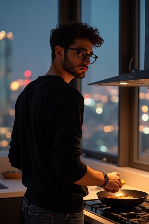 iphone photo, hyper realistic. Round facial features. 
Young man, 21 years old. He is middle eastern, stubble, bony, fade haircuit with curly top. wearing jeans and a black henley. Sleek thin Horn rimmed glasses.
He is in a very chic modern kitchen. It is night time. The window overlooks the city. He is at the stove, sauteeing vegetables. He is facing away from us, looking over his shoulder at th viewer