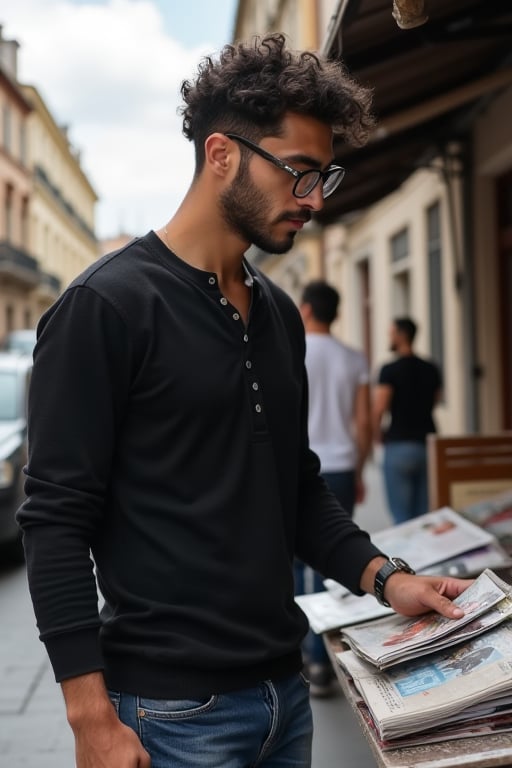 iphone photo, hyper realistic. Round facial features. 
Young man, 21 years old. He is middle eastern, stubble, bony, fade haircuit with curly top. wearing jeans and a black henley. Sleek thin Horn rimmed glasses.
He is walking the historic district of the city.
It is midday with scatterd cloud cover. 
He is inspecting magazines at a street vendor kiosk