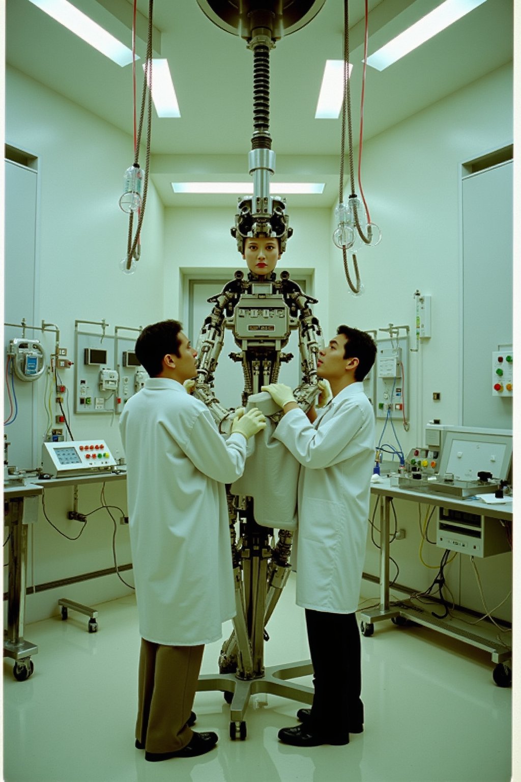 35mm film stock, 50mm f16 lens. 
In a generic laboratory setting, the head and partial torso of a human man is being combined with a humanoid electrical-hydraulic machine. One of the arms is also human. Hoses and cables descend from tracka in the ceiling, and an IV on a stand is hooked up to him. Two Japanese men in lab coats tend to the mechanical needs.