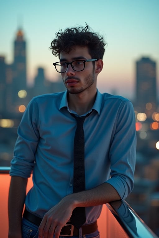 35mm kodachrome film stock, 50mm f16 lens. hyper realistic. Round facial features. 
Young man, 21 years old. He is middle eastern, stubble, bony, fade haircuit with curly top. wearing jeans and a slim blue dress shirt and skinny tie. Sleek thin Horn rimmed glasses.
He is leaning on the handrail of the balcony of a chic rooftop bar in the city, twilight on a clear spring day. City lights are in the background. 