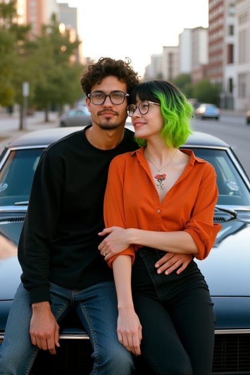 35mm Kodachrome film stock, 80mm f8lens. Round facial features. A young man and young woman wearing glasses are leaning back on the hood of a black classic muscle car parked in the city. They are embracing and smiling. 
Young man, 21 years old. He is middle eastern, stubble, bony, fade haircuit with curly top. wearing jeans and a black henley. Sleek thin Horn rimmed glasses.
The woman, ethnically ambiguous, has short wavy black hair, cut into a bob haircut with solid bangs covering her forehead, and dyed with a neon green ombre; she is thin and bony and she dons baggy burnt orange blouse, high-waisted black skinny jeans. Her soft facial features, open lips, and visible front teeth add to her allure. She has a vibrant 4" long floral tattoo of a single red poppy 2" in diameter on the center of her chest. She wears feminine clear plastic cateye glasses,deep focus style,Hand. She gives him a kiss on the cheek