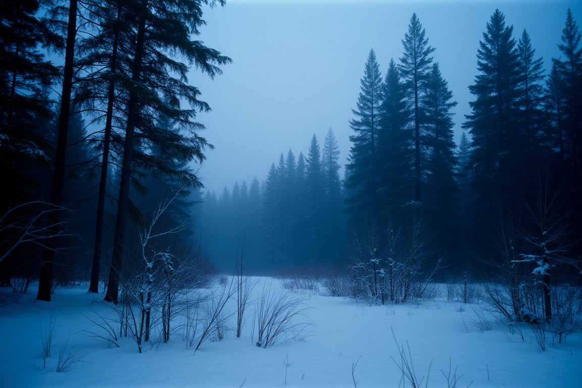 35mm film stock, 50mm f16 lens. 
Standing deep in the middle of a dense, old growth boreal forest in early winter. The forest has never been explored before. A half-inch of snow is on the ground and it is just after sundown on an overcast and foggy day. The sky is a dark paynes grey and the snow is a murky blue. It is 8 PM in December