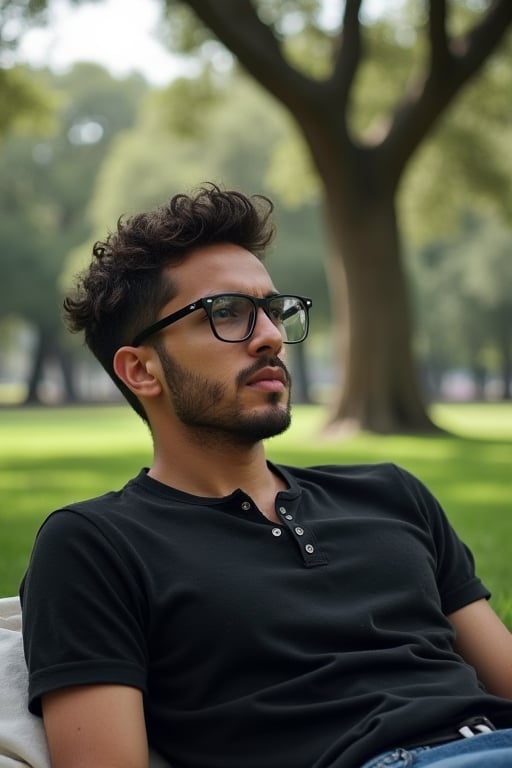 iphone photo, hyper realistic. Round facial features. 
Young man, 21 years old. He is middle eastern, stubble, bony, fade haircuit with curly top. wearing jeans and a black henley. Sleek thin Horn rimmed glasses.
He is walking the historic district of the city.
It is midday with scatterd cloud cover. 
He is lying down, relaxing on the lawn of a old park full of live oaks