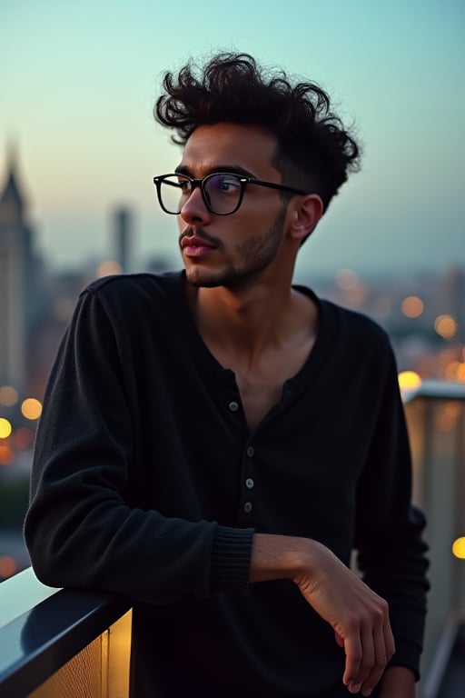 35mm kodachrome film stock, 50mm f16 lens. hyper realistic. Round facial features. 
Young man, 21 years old. He is middle eastern, stubble, bony, fade haircuit with curly top. wearing jeans and a faded black henley. Sleek thin Horn rimmed glasses.
He is leaning on the handrail of the balcony of a chic rooftop bar in the city, twilight on a clear spring day. City lights are in the background. 