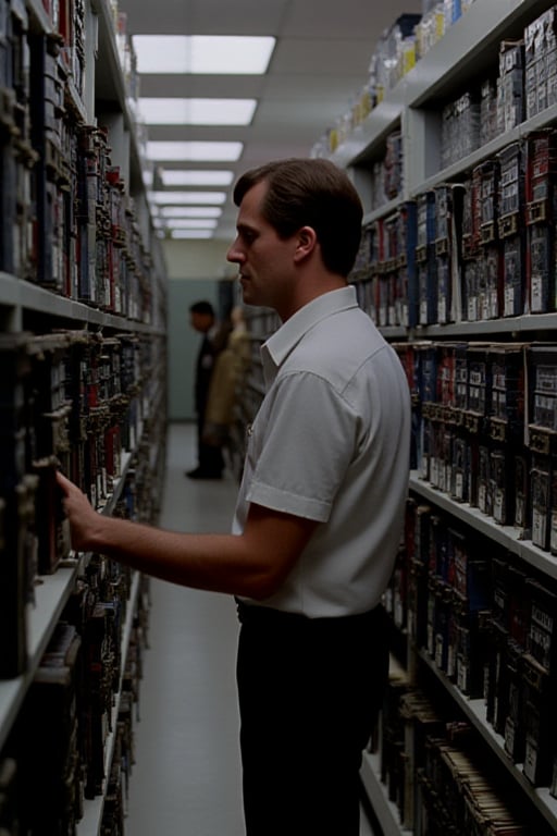 35mm film stock, 50mm f16 lens. Still image from a 1972 psychological horror film. 
The inside of a generic office building's massive archives. A man in a short sleeve button up thumbs through some files