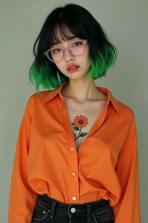 The woman, vaguely Korean, has short wavy black hair, cut into a bob haircut with solid bangs covering her forehead, and dyed with a neon green ombre; she is thin and bony. Her soft facial features, open lips, and visible front teeth add to her allure. She wears feminine clear plastic cat-eye glasses.
She has a vibrant 4" long tattoo in the center of her chest of an orange chrysanthemum on a stem with leaves.
She wears a baggy burnt orange button-up, and high-waisted black skinny jeans.