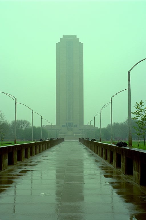 35mm Fuji Velvia film stock, 50mm f16 lens. An empty cement civilian walkway in the middle of a dystopian city. A Soviet-style Brutalist building stands before us, a building of nonesense. The sky is a neutral gauzy gray.,RonFricke cinematic film style. Light drizzling rain. Depressing