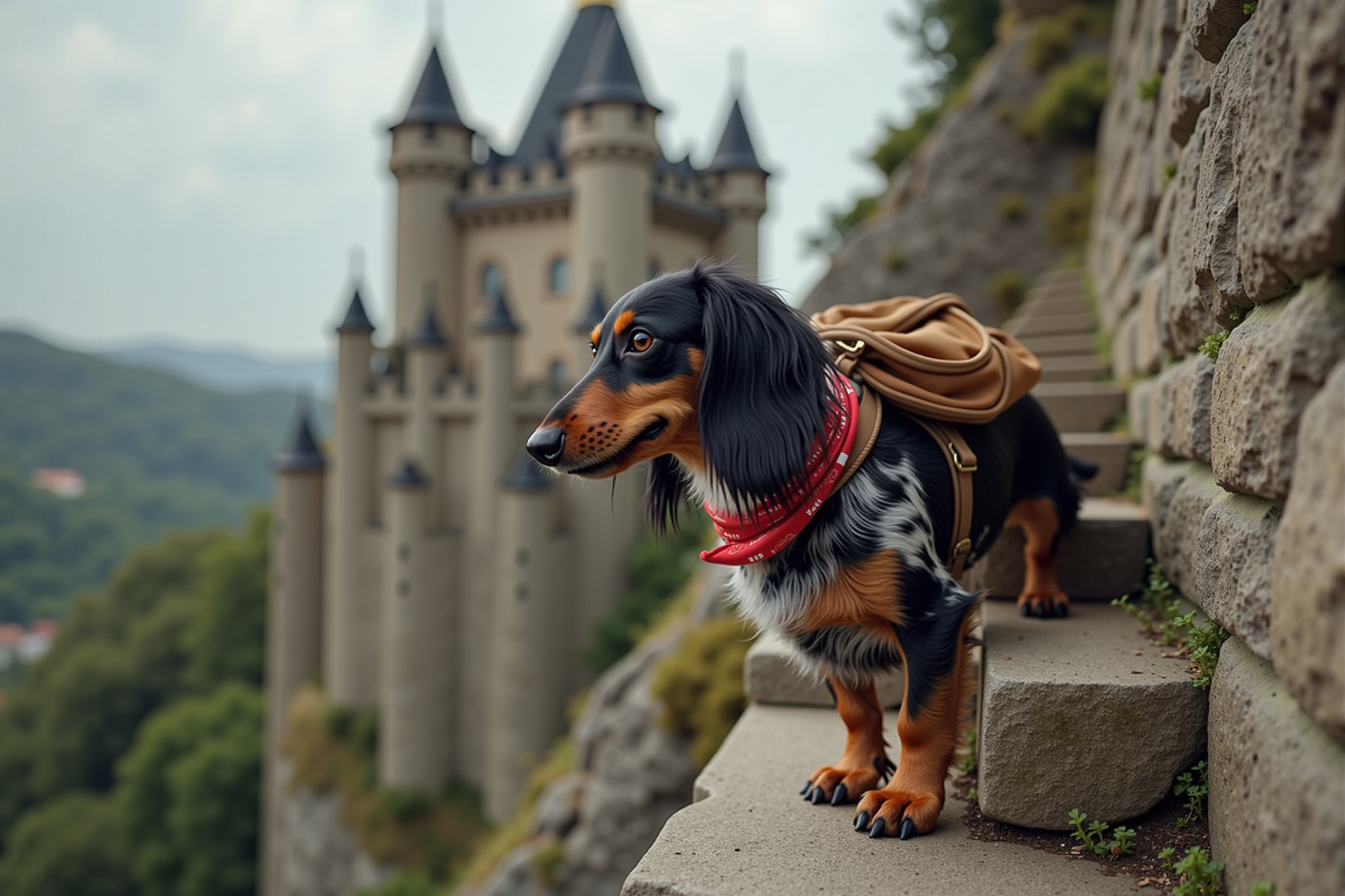 A dog climbing the stone staircase up to the top of a castle tower
A skinny longhair Dachshund with a marbled black body spotted with white, and a black head and brown muzzle. He is wearing a hiking backpack and a bandana around his neck, long, shaggy ear hair.