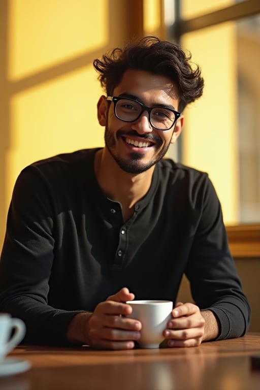 iphone photo, hyper realistic. Round facial features. 
Young man, 21 years old. He is middle eastern, stubble, bony, fade haircuit with curly top. wearing jeans and a black henley. Sleek thin Horn rimmed glasses.
He is in a very chic modern breakfast nook. It is morning and bright diffused yellow light fills the room. He is at the table, pouring two cups of coffee. He is facing us and smiles warmly