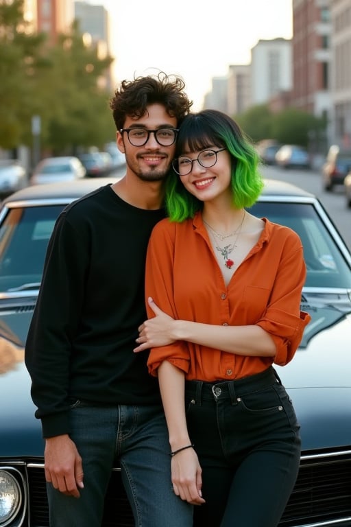 35mm Kodachrome film stock, 80mm f8lens. Round facial features. A young man and young woman wearing glasses are leaning back on the hood of a black classic muscle car parked in the city. They are embracing and smiling. 
Young man, 21 years old. He is middle eastern, stubble, bony, fade haircuit with curly top. wearing jeans and a black henley. Sleek thin Horn rimmed glasses.
The woman, vaguely Korean, has short wavy black hair, cut into a bob haircut with solid bangs covering her forehead, and dyed with a neon green ombre; she is thin and bony and she dons baggy burnt orange blouse, high-waisted black skinny jeans. Her soft facial features, open lips, and visible front teeth add to her allure. She has a vibrant 4" long floral tattoo of a single red poppy 2" in diameter on the center of her chest. She wears feminine clear plastic cateye glasses,deep focus style,Hand