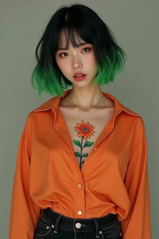 The woman, vaguely Korean, has short wavy black hair, cut into a bob haircut with solid bangs covering her forehead, and dyed with a neon green ombre; she is thin and bony. Her soft facial features, open lips, and visible front teeth add to her allure. 
She has a vibrant 4" long tattoo in the center of her chest of an orange chrysanthemum on a stem with leaves.
She wears a baggy burnt orange button-up, and high-waisted black skinny jeans.