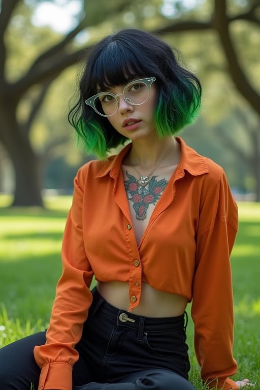 A young woman, ethnically ambiguous, has short wavy black hair, cut into a bob haircut with solid bangs covering her forehead, and dyed with a neon green ombre; she is thin and bony and she dons baggy crop top burnt orange  button up blouse, high-waisted black skinny jeans, and thick clear plastic wayfarer glasses. Her soft round facial features, open lips, and visible front teeth add to her allure. The vibrant floral tattoo on her chest draws attention. 
She is sitting on her knees in the grass, turned away from the viewer, in a park full of live oaks