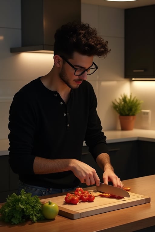 iphone photo, hyper realistic. Round facial features. 
Young man, 21 years old. He is middle eastern, stubble, bony, fade haircuit with curly top. wearing jeans and a black henley. Sleek thin Horn rimmed glasses.
He is in a very chic modern kitchen. It is night time. He chops vegetables on a cutting board on the table.