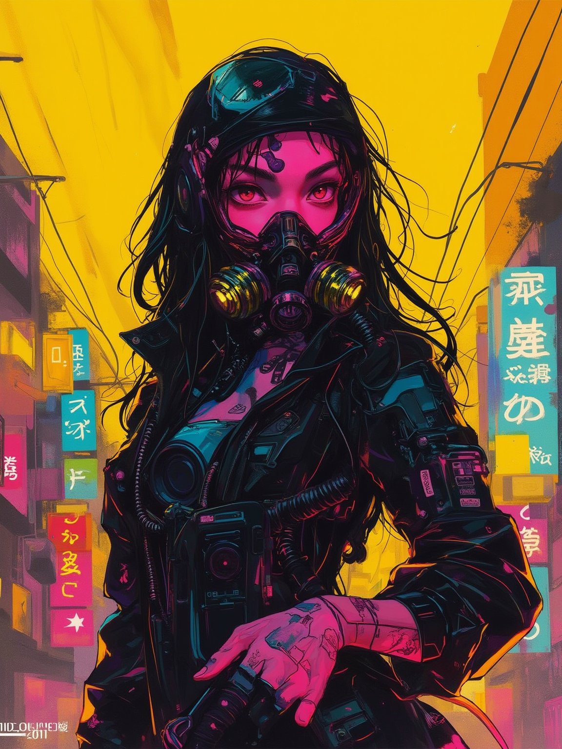 A magazine poster cover with a neo-cyberpunk theme, street-anime art style, featuring a character in a head length view, wearing a high-tech gas mask and cyber goggles, with a vivid yellow background. The background includes abstract geometric shapes and neon signs in Japanese, creating a futuristic urban vibe. Bold and dynamic lighting, with high contrast and neon glow. Created Using: digital art techniques, manga influences, cyberpunk aesthetics, high detail rendering, bold outlines, neon color palette, modern design software, urban street elements, HD quality,Midjourneyart