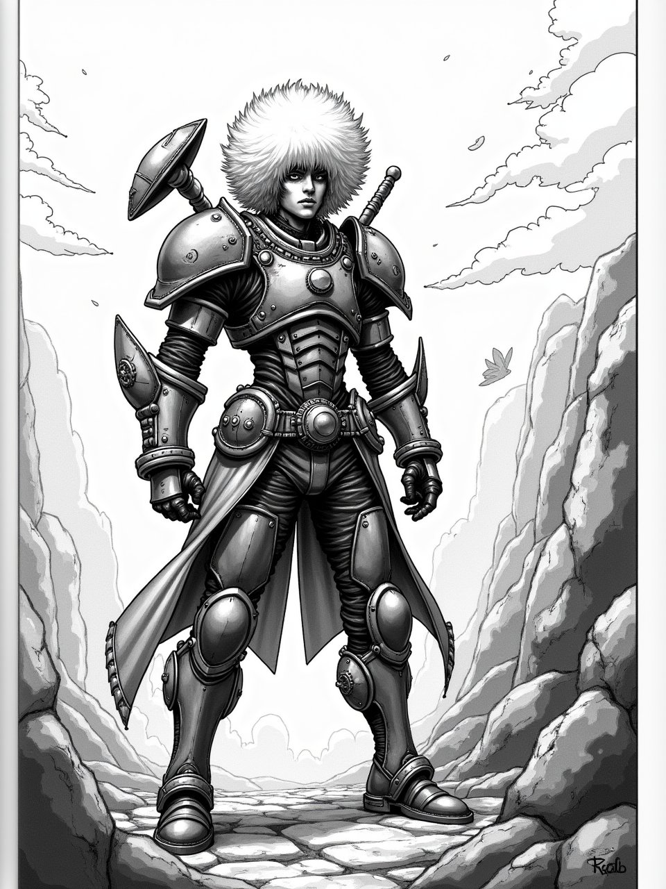 


a comic book panel of a character in a scenic environment by Yoshitaka Amano and Nihei Tsutomu, black and white, dreamy, steampunk armor, big afro, highly detailed