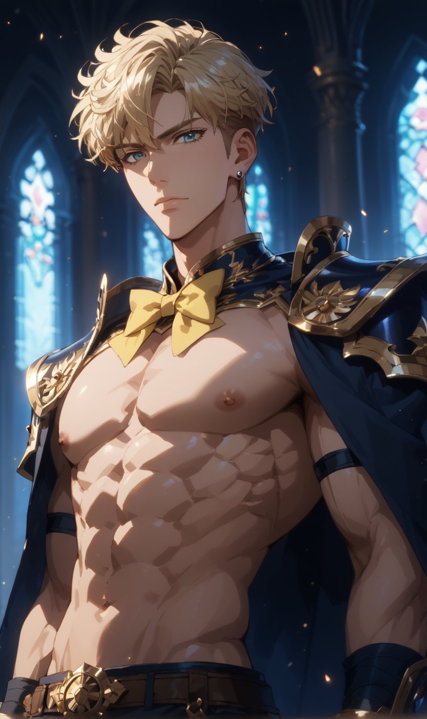 score_9, score_8_up, score_7_up, score_6_up, score_5_up, masterpiece, 1boy, solo, handsome, chiseled jawline, muscular, slim, perfect anatomy, rating_explicit, source_anime, facing directly at the viewer, Expressiveh, concept art, dark theme, BREAK, score_9, score_8_up, score_7_up, more detail XL, outdoors, source_anime, standing, crystal palace background, 30th century, score_9, score_8_up, score_7_up, tenoh haruka, very short hair, blonde hair, blue eyes, shoulder armor, blue short, yellow bow tie