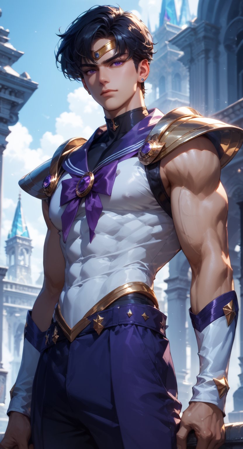 score_9, score_8_up, score_7_up, score_6_up, score_5_up, masterpiece, 1boy, solo, handsome, chiseled jawline, muscular, slim, perfect anatomy, rating_explicit, source_anime, facing directly at the viewer, Expressiveh, concept art, dark theme, BREAK, score_9, score_8_up, score_7_up, more detail XL, outdoors, source_anime, standing, crystal palace background, 30th century, score_9, score_8_up, score_7_up,Sailor Saturn XL,short hair,black hair,purple eyes, shoulder armor, purple shorts,