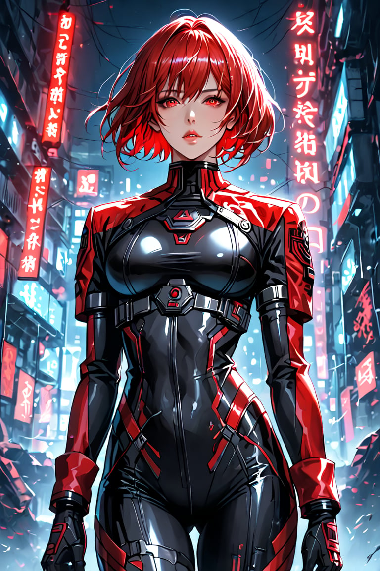 High Detailed, high quality, Mastepiece, beatiful, Anime-girl, solo, (medium long shot), Goddess of Victory, short hair, red eyes, body tattos, neon lights, Militar outfit, futuristic Style, tight clothing.