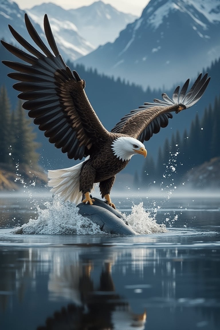 Close-up, 8K, RTX, official art of a Bald eagle flying in the air, spreading its big wings and diving towards a lake below. In an instant, its claws catch a shark, creating many shark. The eagle holds on tightly, illuminated by light and shadow, fully expressing the beauty of strength. The scene captures the beauty of a miracle, with super high-quality cinematography, creating a masterpiece beyond reality.