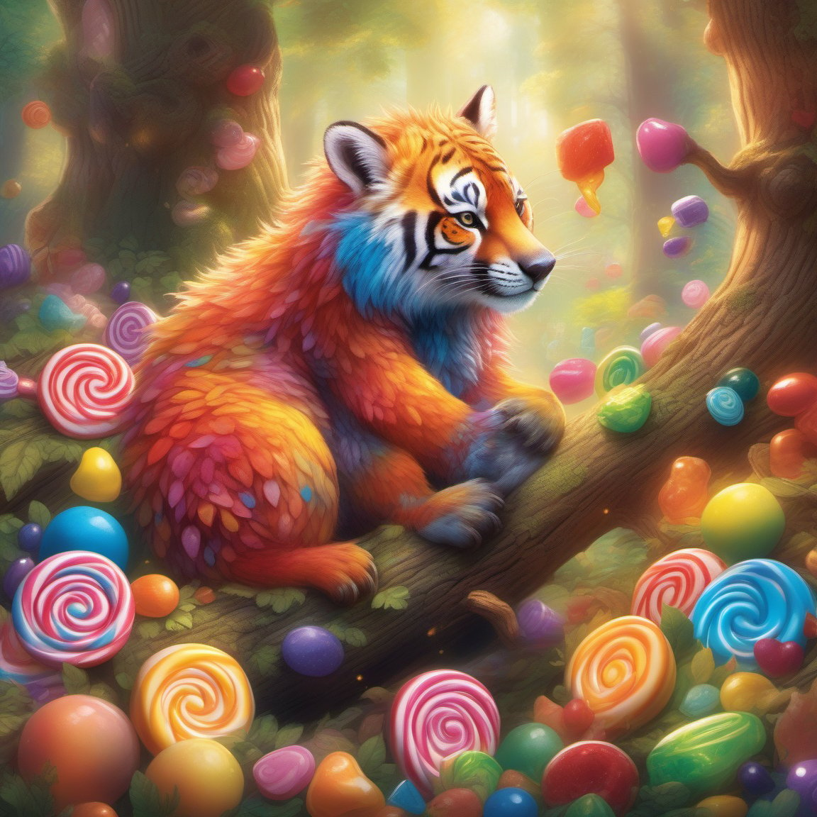 A vibrant explosion of colorful candy surrounds a majestic wild animal, its fur a mesmerizing blend of natural hues and sugary splashes. In a sun-dappled forest clearing, the creature lounges amidst twisted tree trunks, its paws delicately holding a treasure trove of gummy delights. Soft morning light filters through the foliage, casting a warm glow on the whimsical scene.