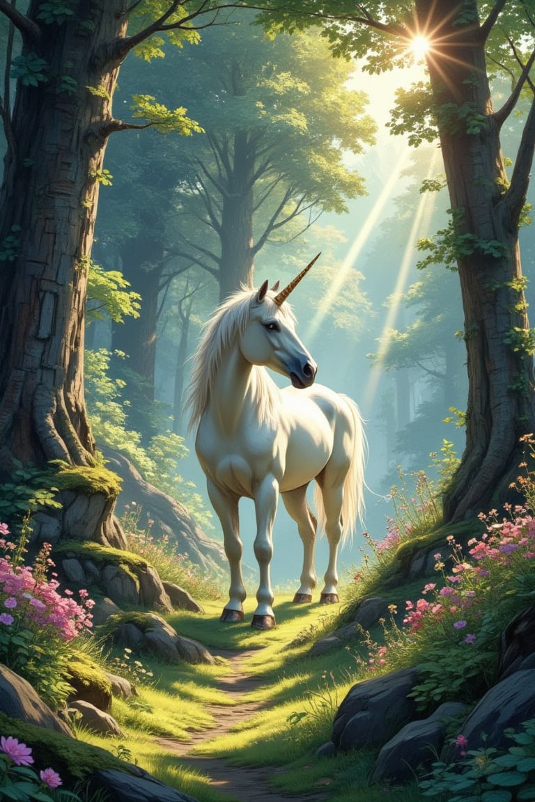 Masterpiece, professional, award-winning, intricate details, ultra high detailed, 64k, dramatic light, volumetric light, Enchanted forest glade with a gentle unicorn and sparkling fairy companions, photorealistic, magical, serene, idyllic, mythical creature, woodland, fantasy creatures:1.4, wildflowers, sunbeams, rainbow, mossy rocks, harmony, mythical landscape,ek_art_b00ster,anime,illustrated,
