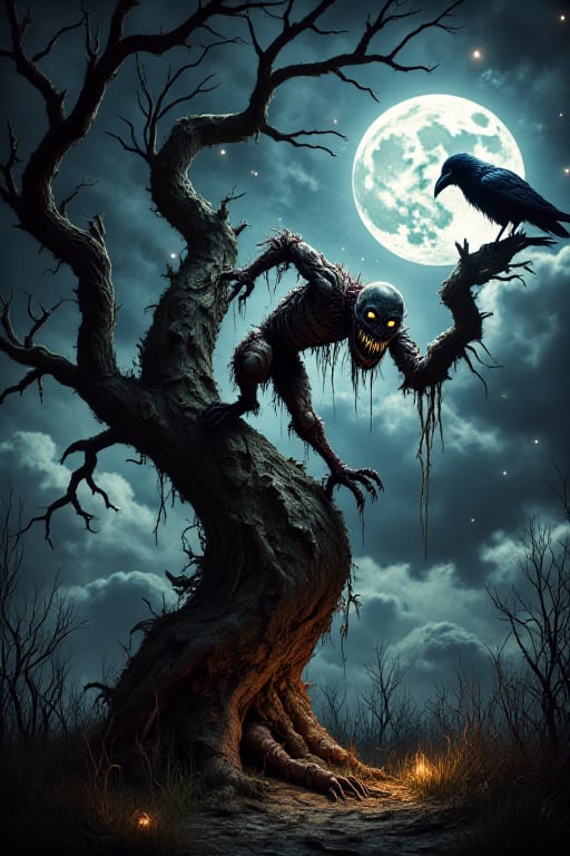 A lone, decrepit zombie crawls up a twisted, ancient tree trunk, its branches like skeletal fingers grasping towards the moon. The bird, a midnight black raven, perches atop the tree's crooked crown, watching with cold, dead eyes as the undead creature shambles closer, its rotting flesh illuminated only by the faint, eerie glow of fireflies dancing in the dark underbrush.