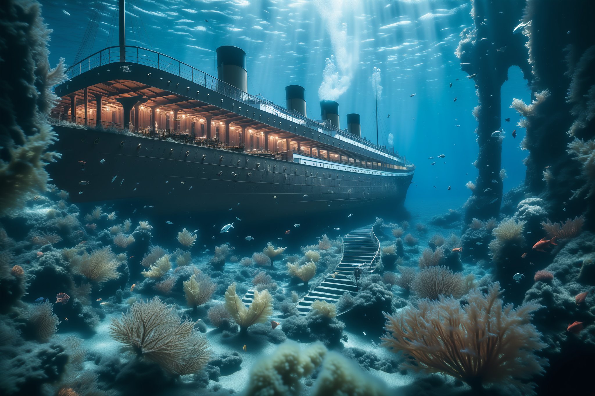 Underwater scene of the RMS Titanic resting on the ocean floor,  encrusted with coral and teeming with marine life. The gr...