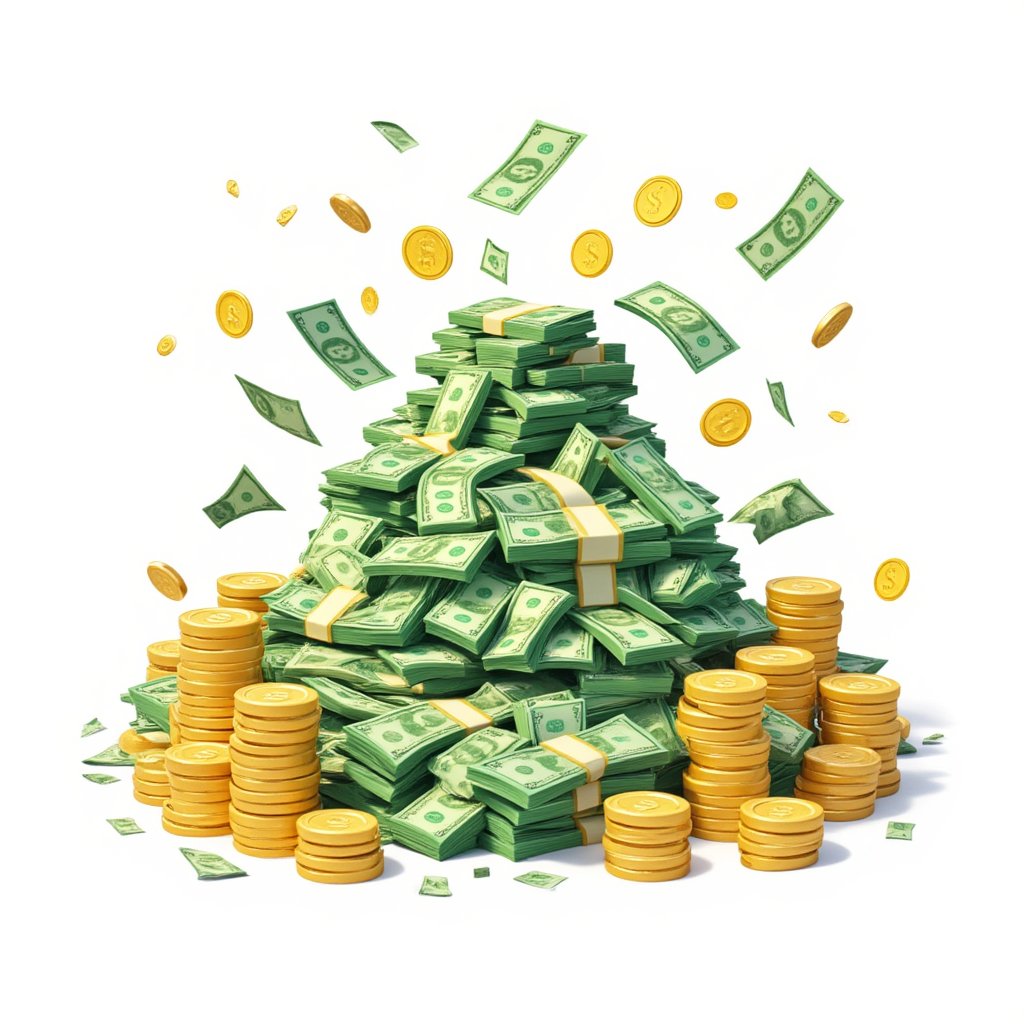 Pile of green dollar bills and stacks of gold coins, cartoon style, bright and colorful, scattered randomly, on a white background