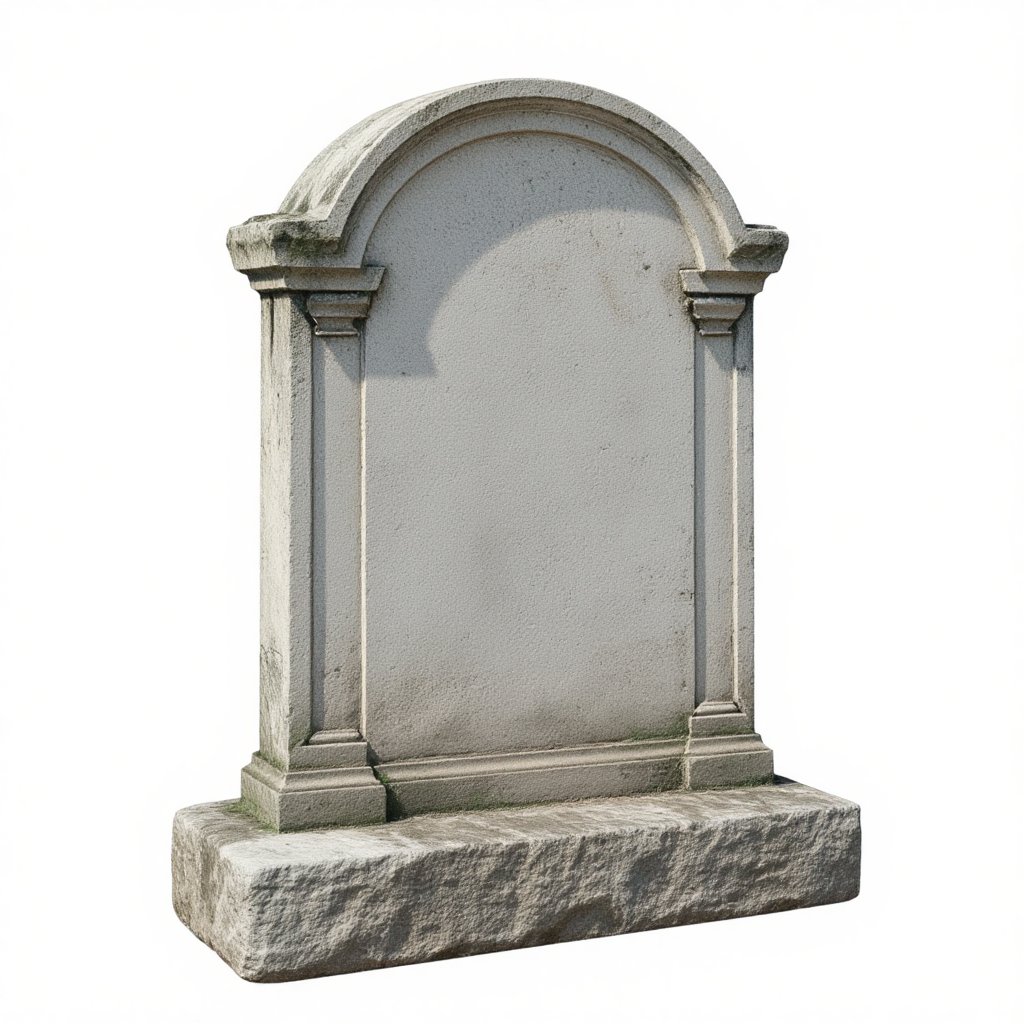 Realistic stone gravestone with an arched top, standing upright, slightly weathered with subtle carvings near the edges, set on a stone base, white background, no text or decorations