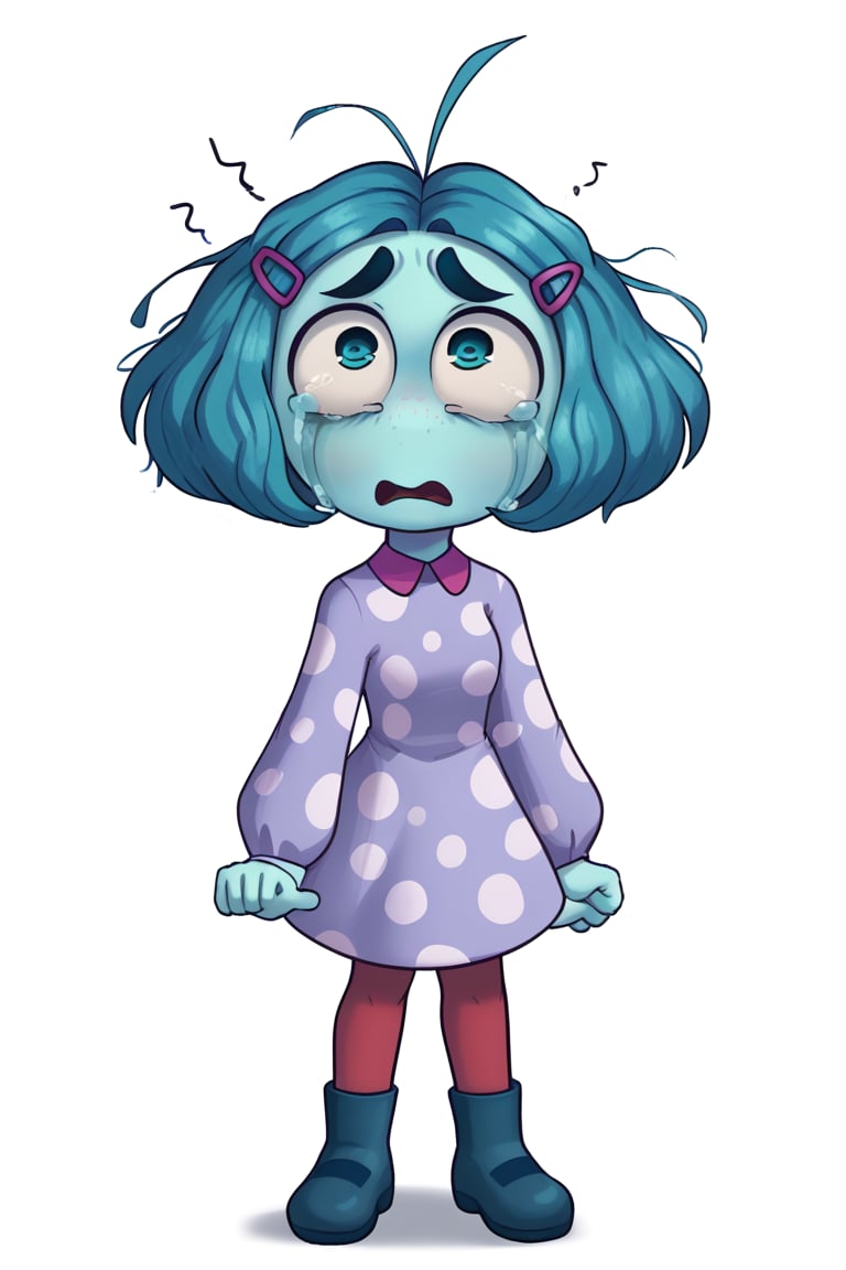 Envy, 1girl, solo, hairclip, dress, purple dress, polkadot dress, red pantyhose, pantyhose, blue footwear, scared face expression, light blue skin, fullbody,  white background, crying, standing 