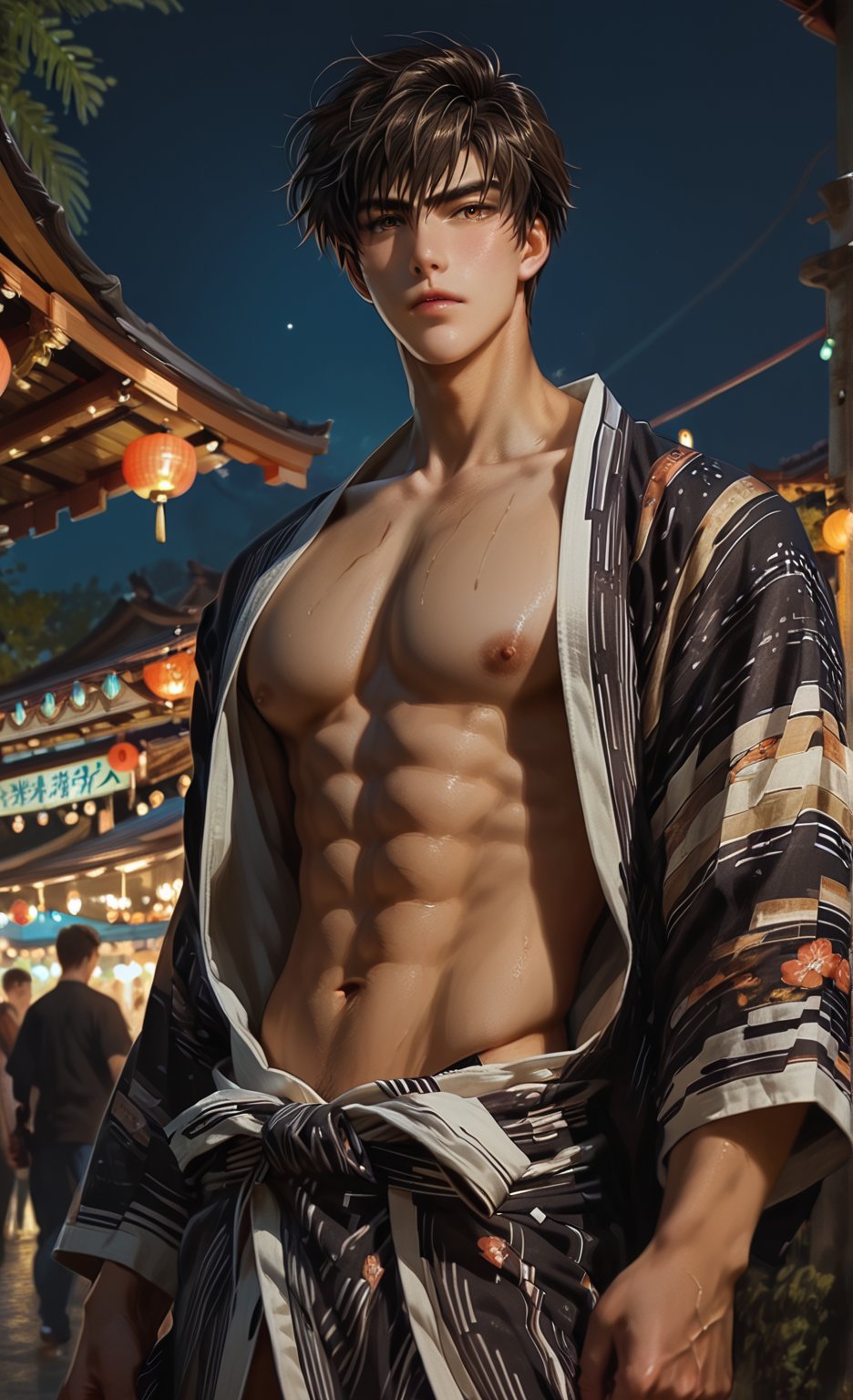 score_9, score_8_up,score_7_up, 1boy, solo, five fingers, handsome, chiseled jawline, perfect anatomy, standing, festival, city background, Expressiveh, concept art, dark theme, japanese matsuri, daytime 
 score_6_up,score_5_up,score_4_up,BREAK, rating_explicit,smooth,REALISTIC,SDXL 1.0,CONCEPT CHARACTER,MODEL,MALE,more detail XL,yukata, fundoshi, 
 source_anime,kinomoto_touya,short hair,brown hair,brown eyes,male focus