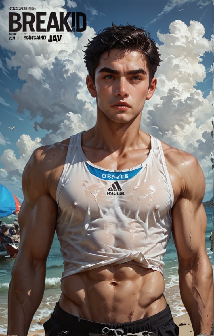 Score_9, score_8_up, score_7_up, 1guy, solo, handsome, perfect face detailed, detailed eyes, detailed hair, chiseled jawline, muscular, perfect abs, perfect anatomy, torned his tanktop apart, sexy thongs, head looking up, BREAK, at the beach, sands, realistic background, clouds, skies, BREAK, rating_explicit, source_anime, Expressiveh, concept art, dark theme, score_9,score_9, score_8_up, score_7_up, source_anime, magazine cover,Kang_Dooshik,short hair,black hair,brown eyes,thick eyebrows,closed lips,more detail XL