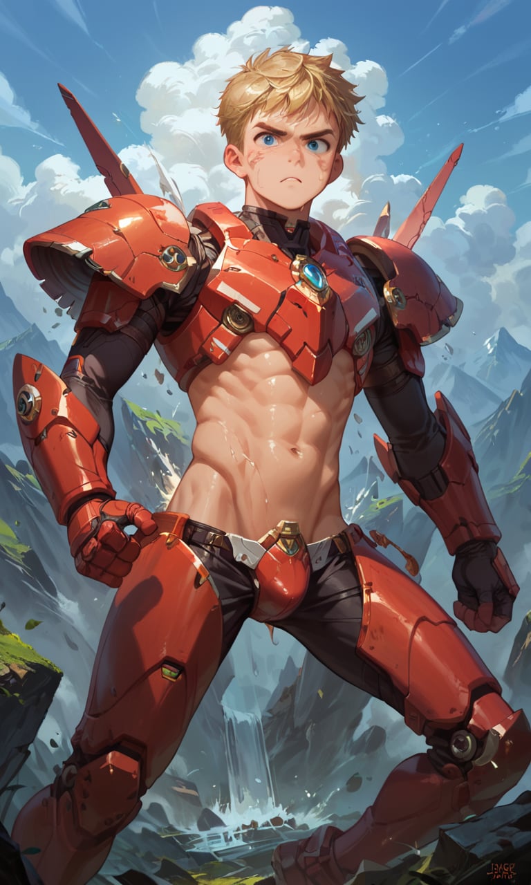 Score_9 score_8_up score_6_up score_8_up score_7_up score_6_up score_5_up, 1boy, solo, shota, handsome, chiseled jawline, masterpiece, smooth skins, oiled skins, BREAK, mecha armor, bangs, male focus, stunning, BREAK, standing, fighting stance, looking at the viewer, BREAK, white balance, epic background, fixed color, fixed lights on his skins, outdoor, mountain, Expressiveh,concept art,dark theme,more detail XL,score_9, score_8_up, score_7_up,rating_explicit,Extremely Realistic,score_9, score_8_up, score_7_up, BREAK,source_anime,CuteCartoonAF,Cute Cartoon