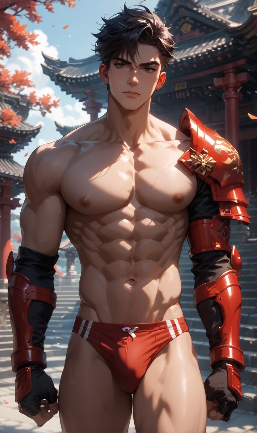 score_9, score_8_up, score_7_up, score_6_up, score_5_up, masterpiece, 1boy, solo, handsome, chiseled jawline, muscular, slim, perfect anatomy, rating_explicit, source_anime, facing directly at the viewer, Expressiveh, concept art, dark theme, BREAK, score_9, score_8_up, score_7_up, more detail XL, outdoors, source_anime, standing, japanese temple background, score_9, score_8_up, score_7_up,aamars, black hair, red chest pad, red armor, red briefs, red diamond on his chest, purple bowtie,