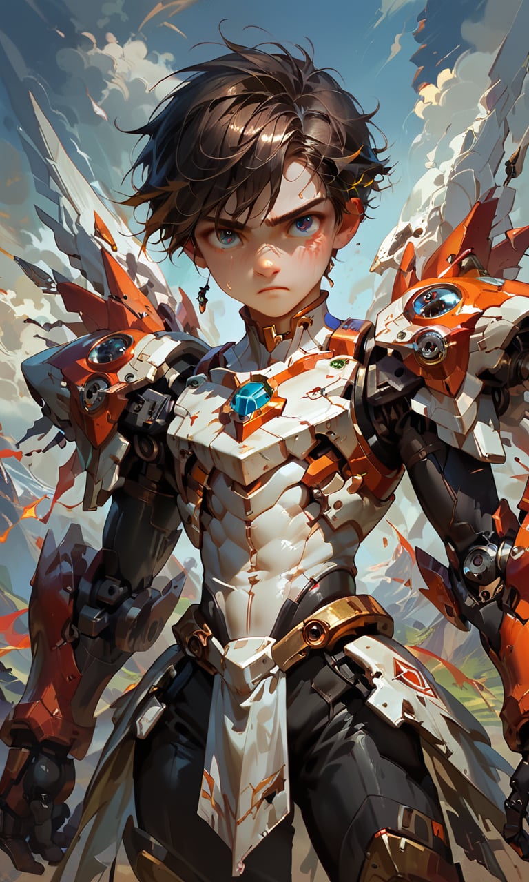 Score_9 score_8_up score_6_up score_8_up score_7_up score_6_up score_5_up, 1boy, solo, shota, handsome, chiseled jawline, masterpiece, smooth skins, oiled skins, BREAK, mecha armor, bangs, male focus, stunning, BREAK, standing, fighting stance, looking at the viewer, BREAK, white balance, epic background, fixed color, fixed lights on his skins, outdoor, mountain, Expressiveh,concept art,dark theme,more detail XL,score_9, score_8_up, score_7_up,rating_explicit,Extremely Realistic,score_9, score_8_up, score_7_up, BREAK,source_anime,CuteCartoonAF,Cute Cartoon,Fire Angel Mecha