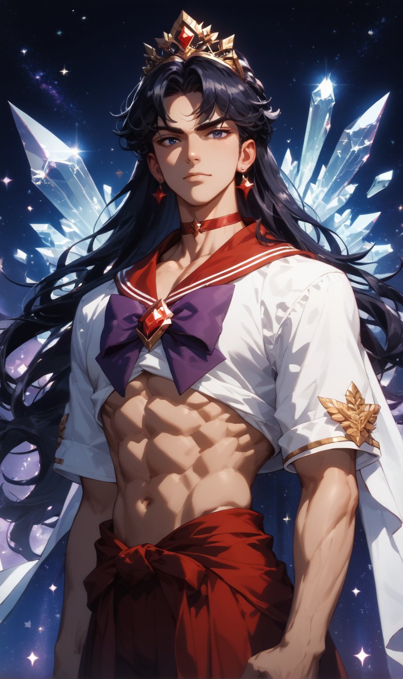 score_9, score_8_up, score_7_up, score_6_up, score_5_up, masterpiece, 1boy, solo, handsome, chiseled jawline, muscular, slim, perfect anatomy, rating_explicit, source_anime, facing directly at the viewer, Expressiveh, concept art, dark theme, BREAK, crystal palace background,score_9, score_8_up, score_7_up, more detail XL, outdoors, source_anime, standing, galaxy background, score_9, score_8_up, score_7_up,aamars, long hair, black hair, tiara, red choker, red sailor collar,purple bowtie