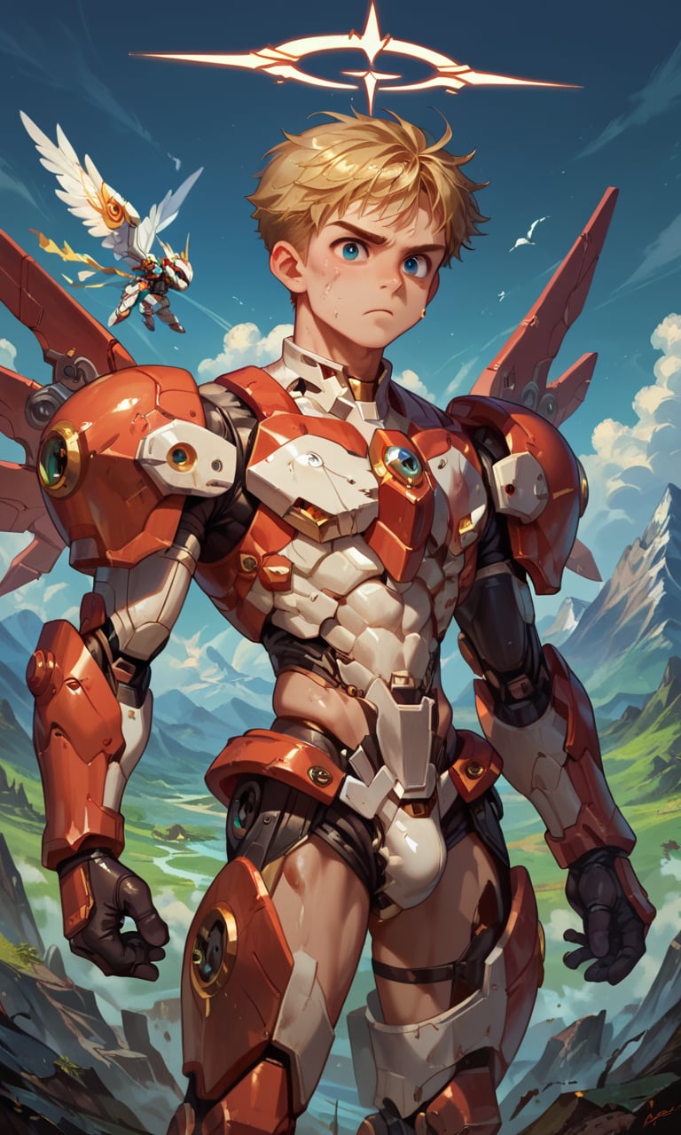 Score_9 score_8_up score_6_up score_8_up score_7_up score_6_up score_5_up, 1boy, solo, shota, handsome, chiseled jawline, masterpiece, smooth skins, oiled skins, BREAK, mecha armor, bangs, male focus, stunning, BREAK, standing, fighting stance, looking at the viewer, BREAK, white balance, epic background, fixed color, fixed lights on his skins, outdoor, mountain, Expressiveh,concept art,dark theme,more detail XL,score_9, score_8_up, score_7_up,rating_explicit,Extremely Realistic,score_9, score_8_up, score_7_up, BREAK,source_anime,CuteCartoonAF,Cute Cartoon,Fire Angel Mecha