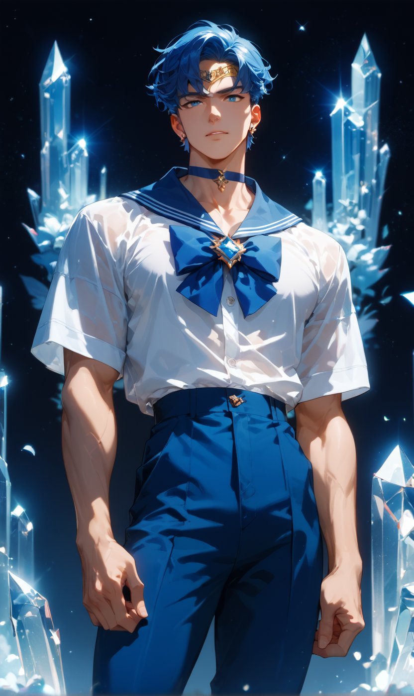 score_9, score_8_up, score_7_up, score_6_up, score_5_up, masterpiece, 1boy, solo, handsome, muscular, slim, perfect anatomy, rating_explicit, source_anime, facing directly at the viewer, Expressiveh, concept art, dark theme, BREAK, crystal palace background,score_9, score_8_up, score_7_up, more detail XL, outdoors, source_anime, standing, galaxy background, score_9, score_8_up, score_7_up, source_anime,score_9, score_8_up, score_7_up,score_9, score_8_up, score_7_up,aamercury male, short hair, blue hair, tiara, blue eyes, blue choker,blue sailor collar,white shirt, blue bowtie,blue short pants,blue boots