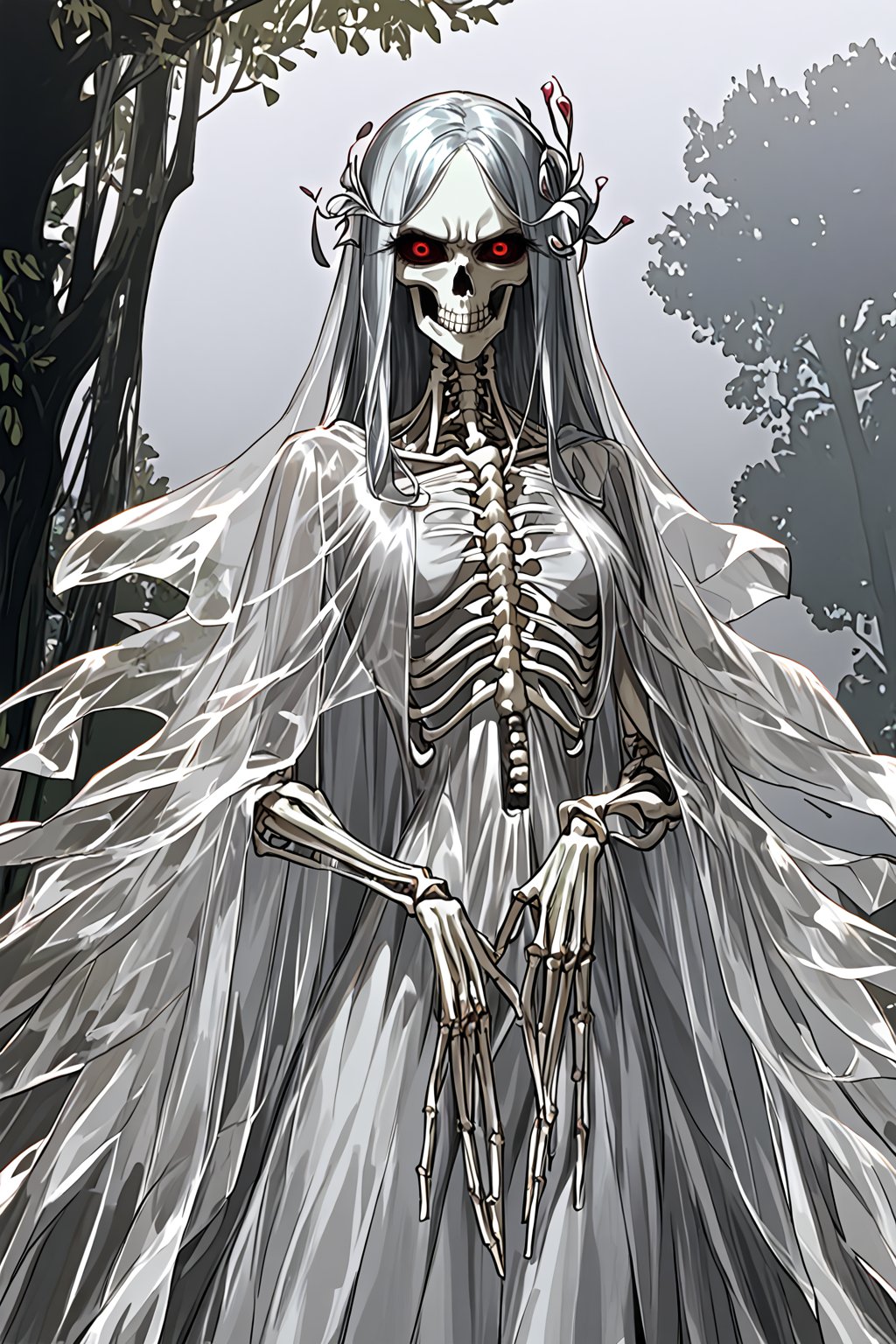 anime, beautiful skeleton girl, angry face, big poisonous eyes, graceful hands, beautiful sexy body, minimal clothing, transparent cape, against a background of dry trees, clear drawing of details, dark fantasy,DonMB4nsh33XL 