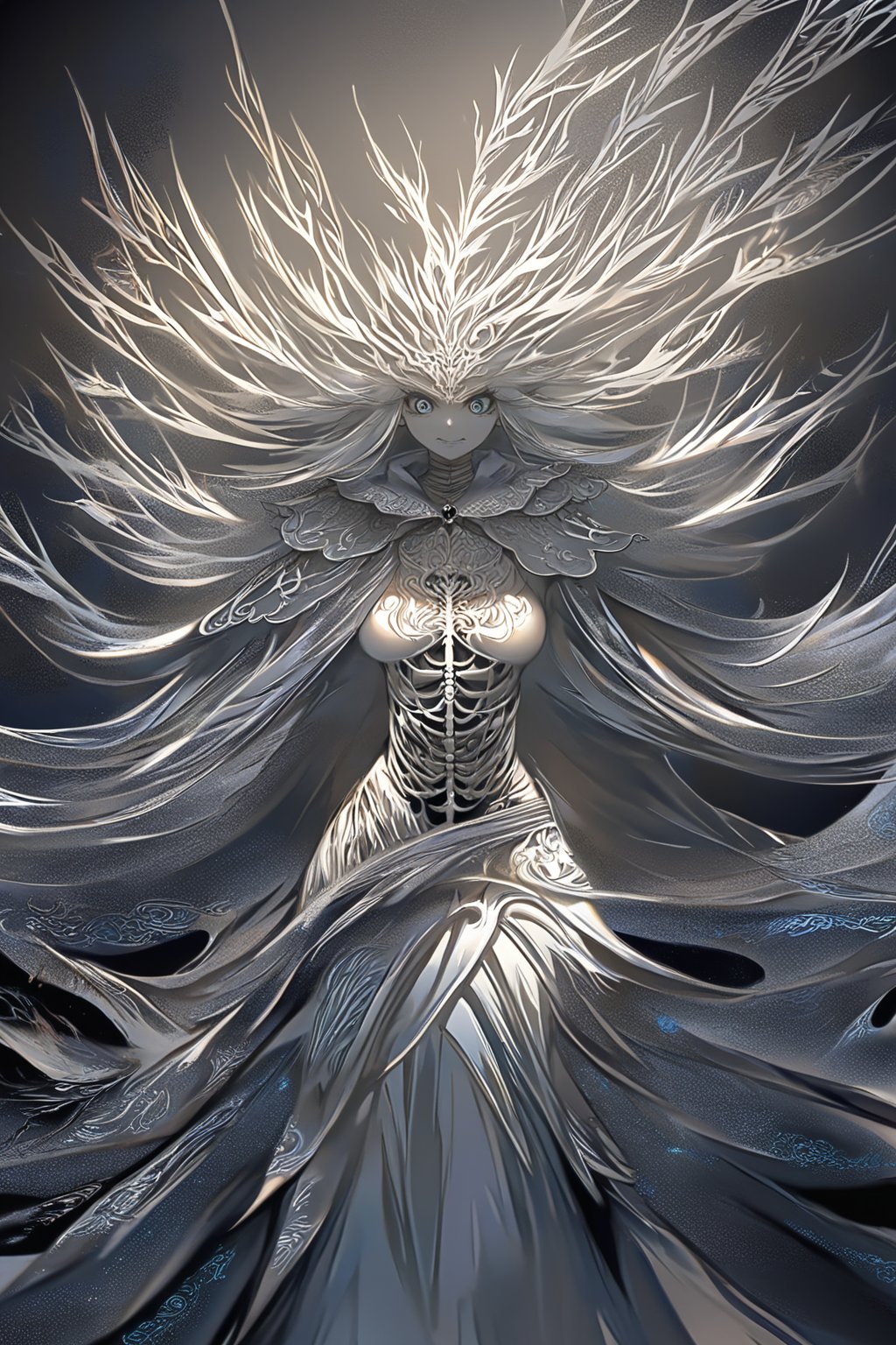 anime, beautiful skeleton girl, angry face, big poisonous eyes, graceful hands, beautiful sexy body, minimal clothing, transparent cape, against a background of dry trees, clear drawing of details, dark fantasy,DonMB4nsh33XL,enhance,magic,style,concept,wallpaper,art