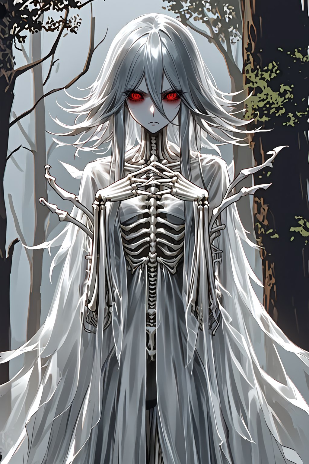 anime, beautiful skeleton girl, angry face, big poisonous eyes, graceful hands, beautiful sexy body, minimal clothing, transparent cape, against a background of dry trees, clear drawing of details, dark fantasy,DonMB4nsh33XL 